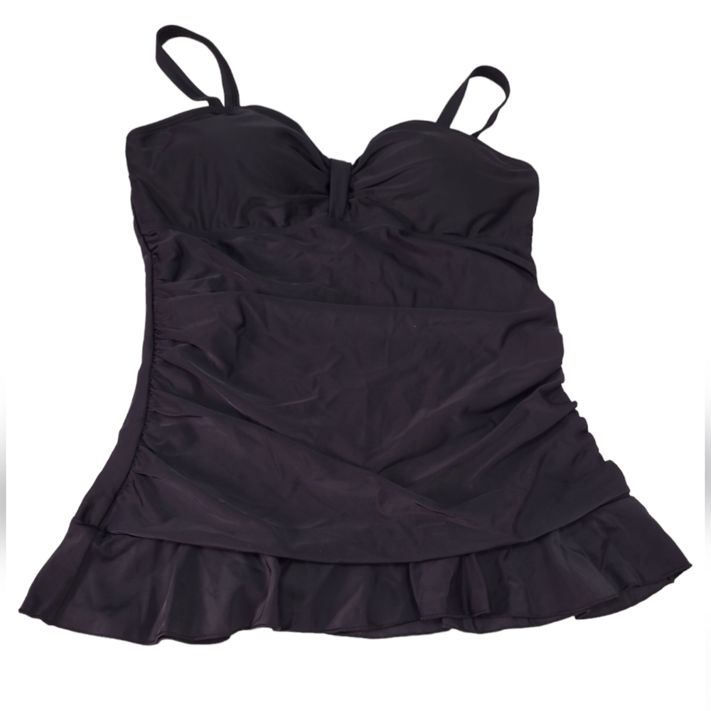 Women Tankini Top Swimwear Ruffle Hem Bating Suit Tummy Control Black X-Large